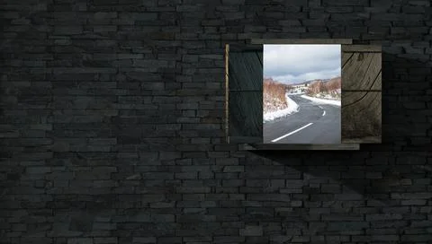 3d rendering of window with nice view in brick wall Stock Illustration