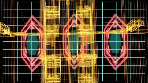 3d rendering - wire frame model of industrial buildings and HUD Element in Ho Stock Footage