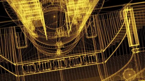 3d rendering - wire frame model of industrial buildings and HUD Element in Ho Stock Illustration