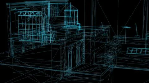 3d rendering - wire frame model of industrial buildings. Stock Illustration