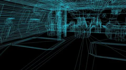 3d rendering - wire frame model of industrial buildings.. Stock Illustration