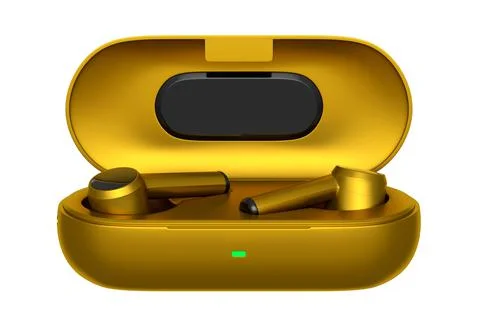 3D rendering of wireless earphones in base box on white background. Concept o Stock Illustration