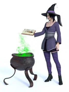 3D rendering of witch with cauldron. Stock Illustration