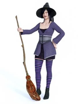 3D rendering of witch holding broom. Illustrazione stock