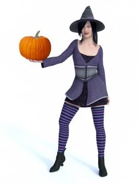 3D rendering of witch holding pumpkin. Illustrazione stock