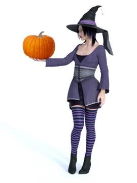 3D rendering of witch holding pumpkin. Stock Illustration