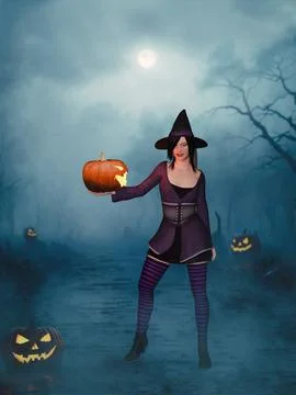 3D rendering of witch holding pumpkin. Stock-Illustration