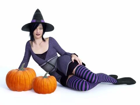 3D rendering of witch with pumpkins. Stock Illustration