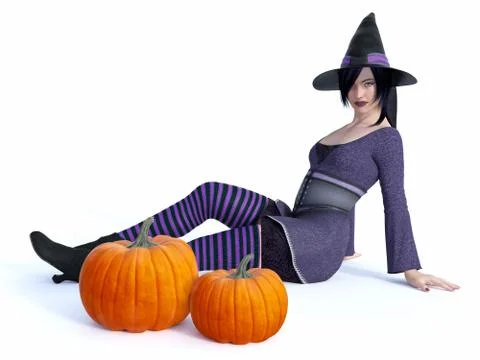3D rendering of witch with pumpkins. Stock Illustration