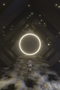 3D Rendering. Woman standing in front of a big portal to another dimension, a Stock Illustration