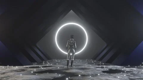 3D Rendering. Woman standing in front of a big portal to another dimension, a Stock Illustration