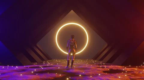 3D Rendering. Woman standing in front of a big portal to another dimension, a Stock Illustration