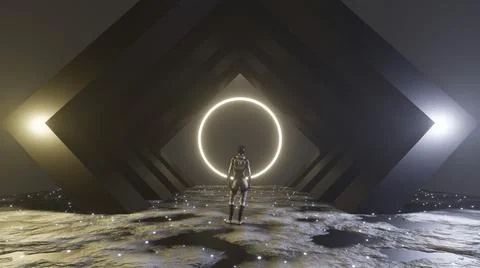 3D Rendering. Woman standing in front of a big portal to another dimension, a Ilustración de archivo