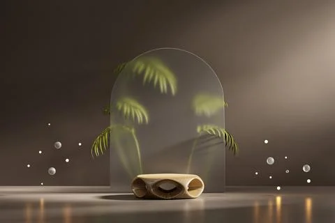 3D rendering wood platform podium with palm tree product presentation backg.. Stock Illustration