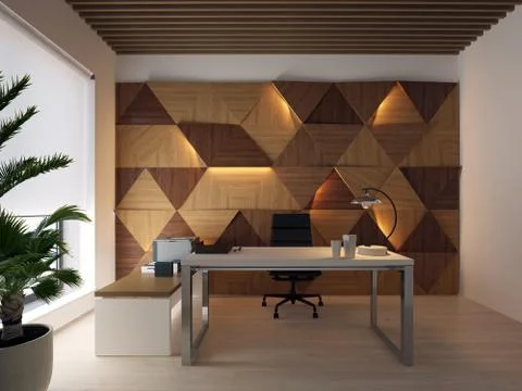 3d rendering wood wall panels on the wall and desktop Stock Illustration
