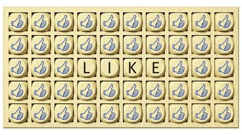 3d rendering of wooden cubes with thumbs up and the word like Stock Illustration