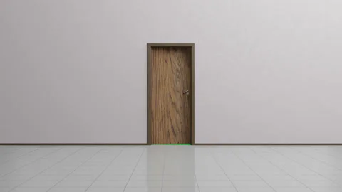 3D rendering of a wooden door, opens and the camera goes into a green screen Stock Footage 195453339