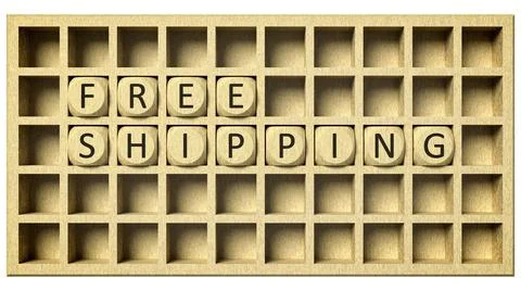 3d rendering of a wooden grid with cubes and the message free shipping Stock Illustration