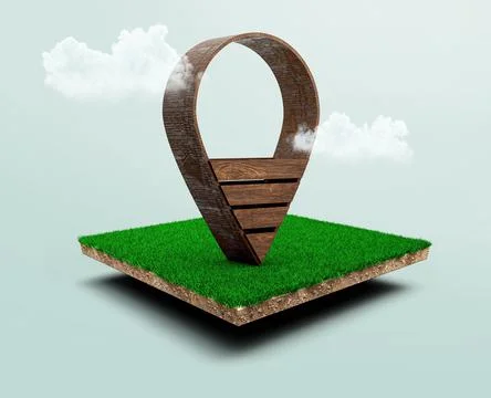 3d rendering of a wooden map pointer on cubical soil land cross-section with gre Illustrazione stock