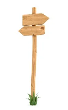 3d rendering of a wooden pole with some grass on it's base and two blank arrows Stock Illustration