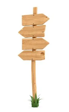 3d rendering of a wooden pole with some grass on it's base and four blank arrows Stock Illustration