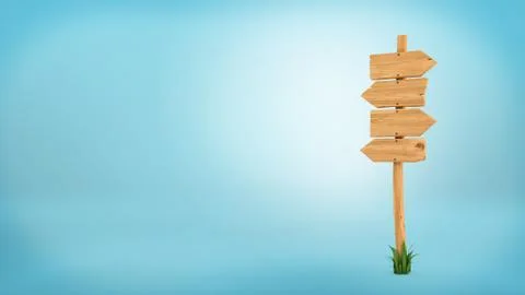 3d rendering of a wooden pole with some grass on it's base and four blank arrows Stock Illustration