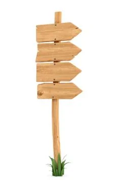 3d rendering of a wooden pole with some grass on it's base and four blank arrows 스톡 일러스트