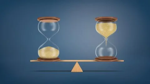 3d rendering of a wooden seesaw with two balanced hourglass pieces each with Foto stock