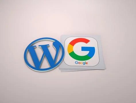 3d rendering of the WordPress and Google logos against a nude background Stock Illustration