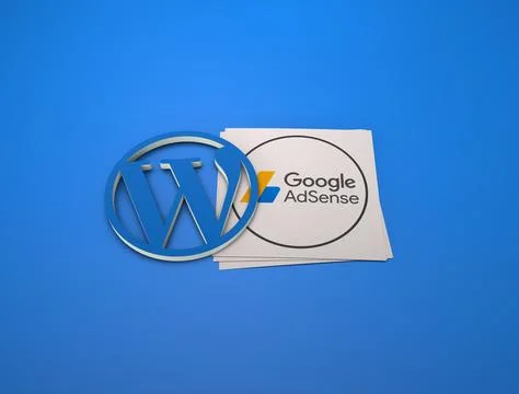 3d rendering of the WordPress and Google AdSense logos against a blue background Stock Illustration