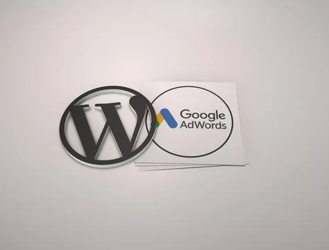 3d rendering of the WordPress and Google AdWords logos against a white backgroun Stock Illustration
