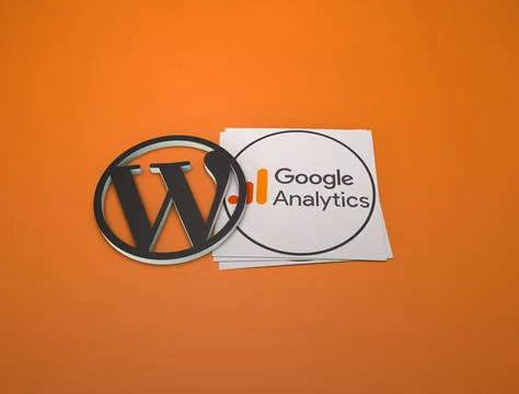 3d rendering of the WordPress and Google Analytics logos against a orange backgr Stock Illustration