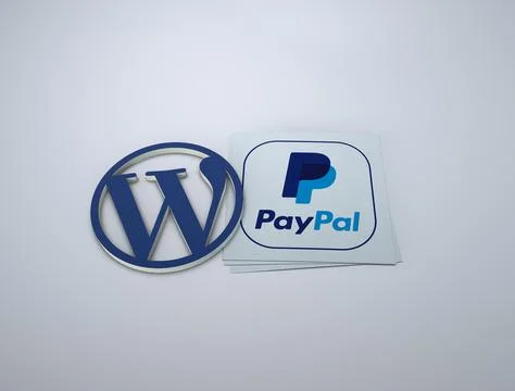 3d rendering of the WordPress and PayPal logos against a grey background Stock Illustration