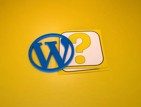 3d rendering of the WordPress Logo and a question mark against a yellow backgrou Stock Illustration