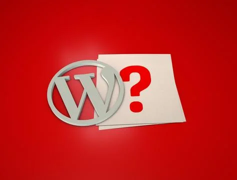 3d rendering of the WordPress Logo and a question mark against a red background Stock Illustration