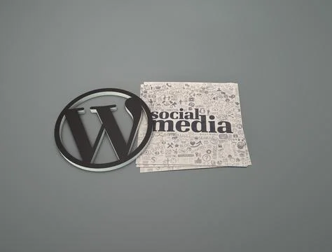 3d rendering of the Wordpress Logo and social media on the paper against a grey Stock Illustration