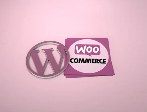 3d rendering of the WordPress Logo and Woo Commerce against a pink background Illustrazione stock