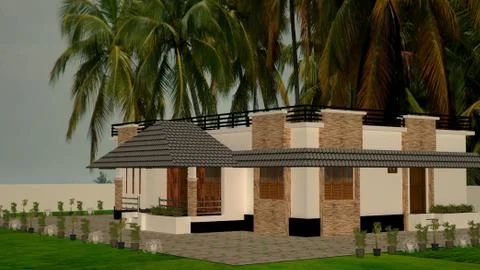 3D rendering work of an architecture house Kerala India Stock Illustration
