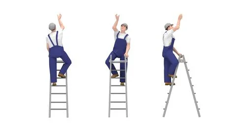 3D rendering of a worker on a ladder from multiple views, front side and back イラスト素材