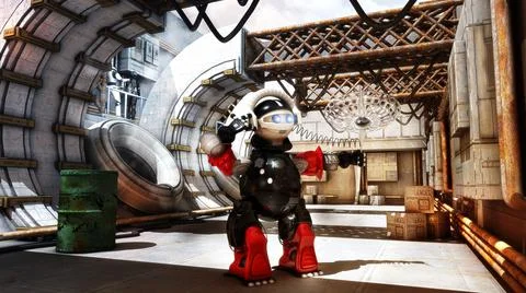 3D rendering of a worker toy working inside the factory with shadows on groun Stock Illustration