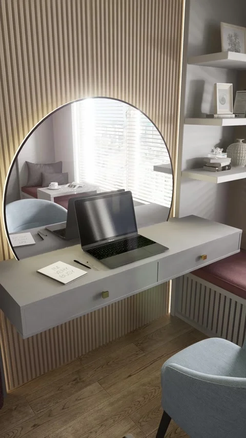 3d rendering. Workplace with a round mirror with lighting Stock Footage 261264278