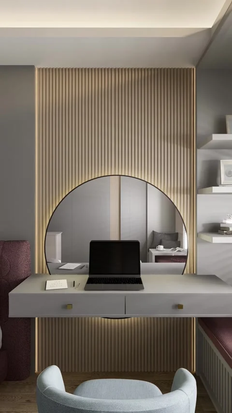 3d rendering. Workplace with a round mirror with lighting Stock Footage 261264280