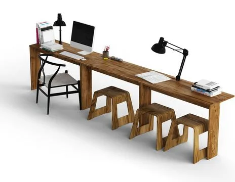 3d rendering of a workspace featuring a wooden desk with a laptop and a desktop Stock Illustration