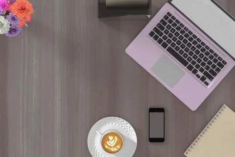 3D Rendering of workspace on table with coffee. Stock Photos
