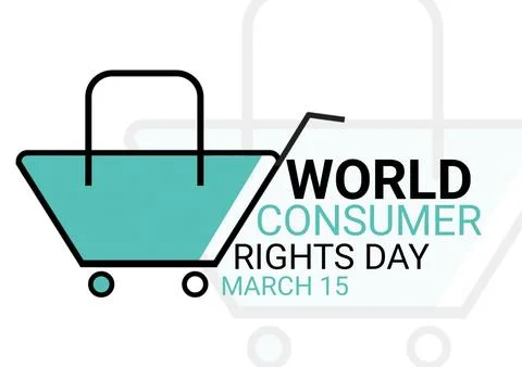 3D rendering World Consumer Rights Day concept with shopping cart on white .. Illustrazione stock