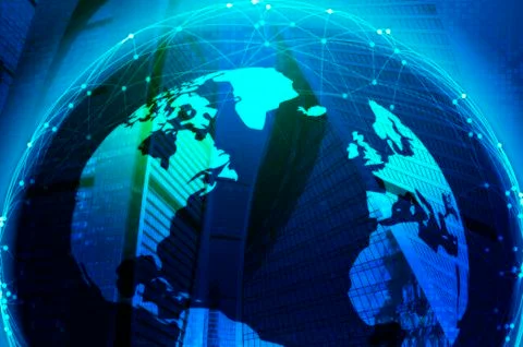 3d rendering of world globe with polygonal connections and cityscape double Stock Illustration