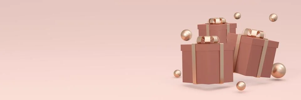 3D Rendering of wrapped gift box floating on long horizontal background in .. Stock Illustration