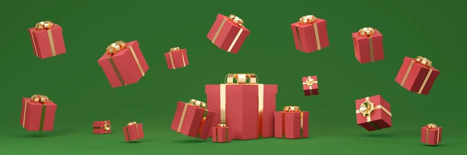 3D Rendering of wrapped gift box floating on long horizontal background in .. Stock Illustration