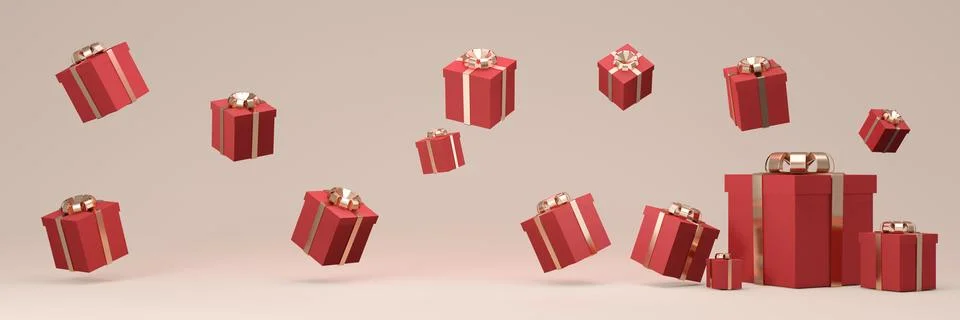 3D Rendering of wrapped gift box floating on long horizontal background in .. Stock Illustration