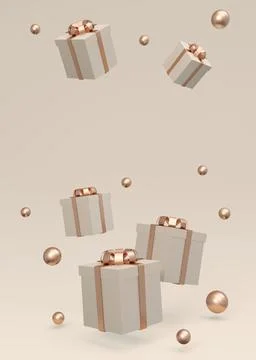 3D Rendering of wrapped gift box floating on vertical background in gold be.. Stock Illustration